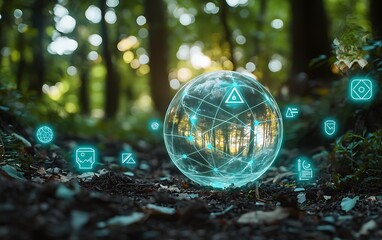 Glowing orb with geometric patterns in a forest setting with floating interface icons around