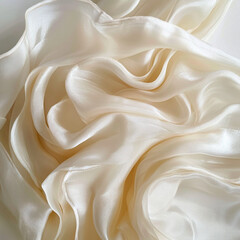 Obraz premium A close-up view of flowing, draped ivory silk fabric. Smooth, luxurious folds and subtle sheen of the silk are prominent, displaying a variety of textures and highlights. 