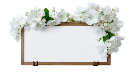 Wooden frame adorned with delicate blossoms and verdant foliage creating a serene presentation area on transparent background