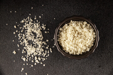 Food salt crystals sea food salt spices food additive gourmet food background on the table rustic food top view copy space