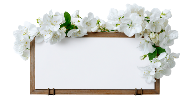 Wooden frame adorned with delicate blossoms and verdant foliage creating a serene presentation area on transparent background