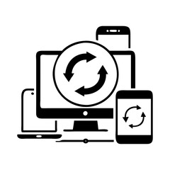Data synchronization across multiple devices like desktop, laptop, tablet and mobile phone silhouette vector
