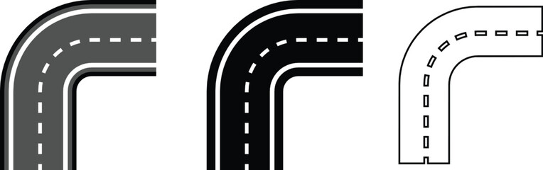 Roads and highways in perspective icon set. Road path with different bends. The road connects the cities road pieces in graphic style. Vector illustration collection isolated on transparent background
