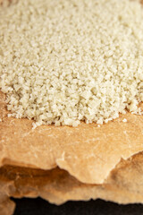 Food salt crystals sea food salt spices food additive gourmet food background on the table rustic food top view copy space