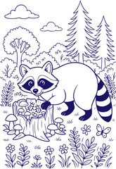 Obraz premium Curious raccoon exploring tree stump in forest line art scene
