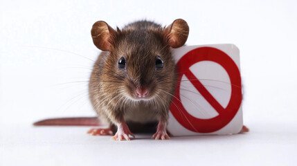 Little rat with red prohibition sign on white background. Pest control