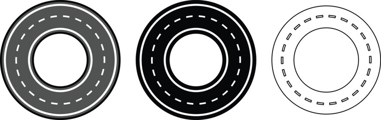 Naklejka premium Roads and highways in perspective icon set. Road path with different bends. The road connects the cities road pieces in graphic style. Vector illustration collection isolated on transparent background