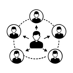 Illustration of a networking concept with a central person and satellites silhouette vector