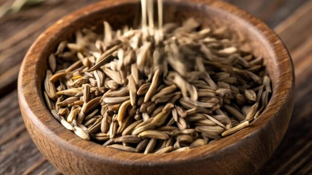 cumin falling in wooden bowl with beautiful soft light and rustic detail