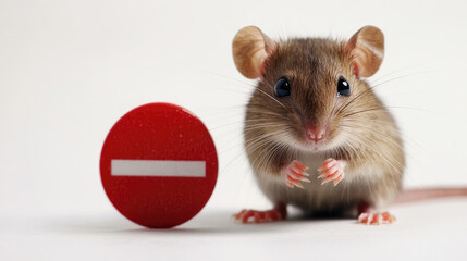 Little rat with red prohibition sign on white background. Pest control