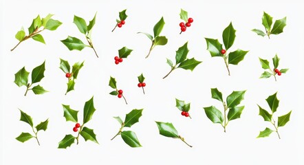 Isolated Collection of Smooth and Spiky Green Holly Leaves with Vibrant Red Berries on a Clean White Background for Festive Christmas Decor