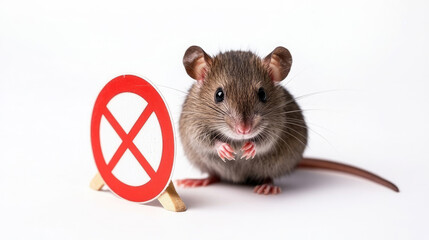 Little rat with red prohibition sign on white background. Pest control