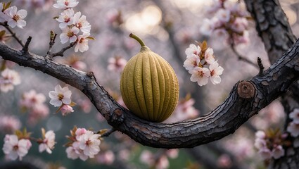 Fruit Resting on Branch Surrounded by Cherry Blossoms in Spring