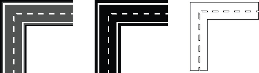 Roads and highways in perspective icon set. Road path with different bends. The road connects the cities road pieces in graphic style. Vector illustration collection isolated on transparent background