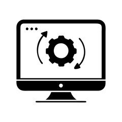 Computer monitor showing a gear with circular arrows representing continuous processes silhouette vector