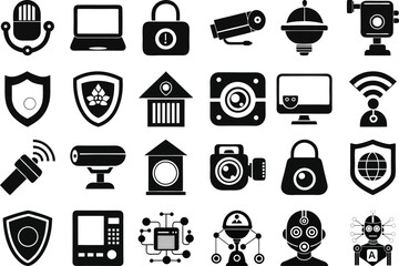 Cyber security icon collection with lock shield password and tech symbols for safe network protection visuals