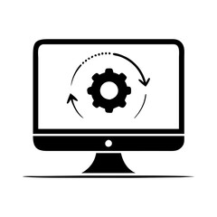 Black and white illustration of a desktop computer with gear process silhouette vector