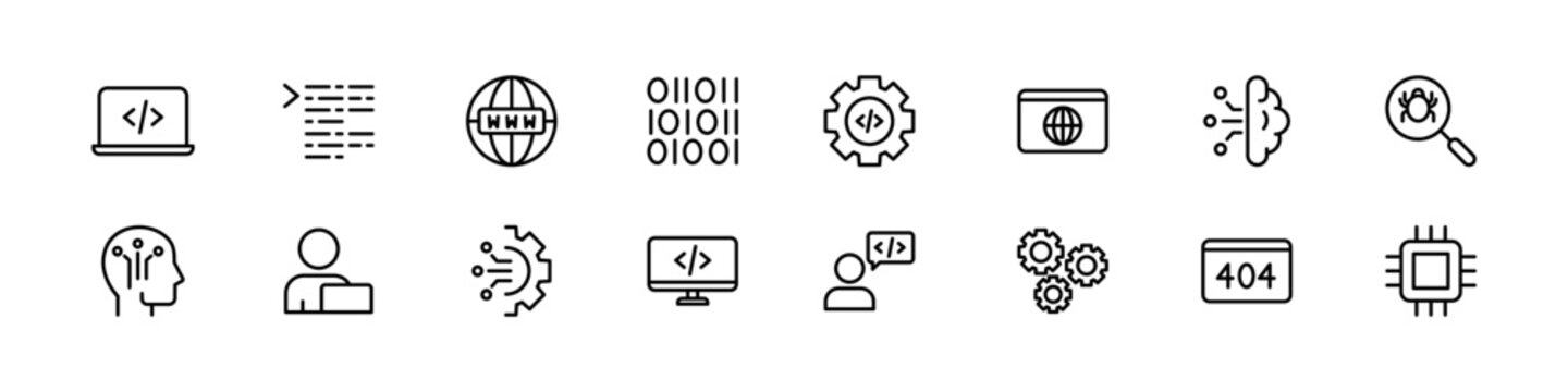 Coding icons. Code line icon set. Isolated programming vector set. Line icon programmer sign.