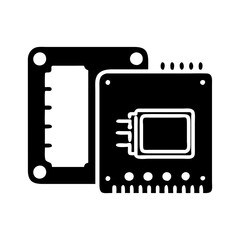 Illustration of an integrated circuit board with a processor socket and pin array silhouette vector
