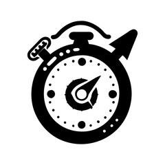Black and white vector illustration of a classic mechanical stopwatch timer silhouette vector