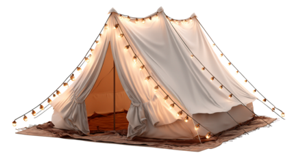 A canvas tent adorned with string lights creating a cozy and inviting outdoor camping experience on transparent background