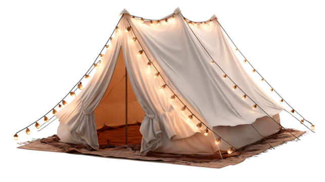 A canvas tent adorned with string lights creating a cozy and inviting outdoor camping experience on transparent background