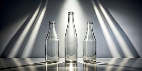 Three clear glass bottles of varying heights are positioned on a surface, illuminated by soft lighting that creates striking shadows against the wall behind them