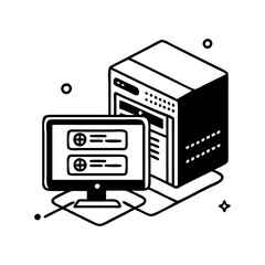 Fototapeta premium Stylized Computer System Setup with Monitor and Server Tower in Monochrome silhouette vector