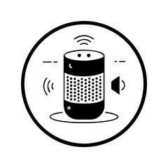 Stylized smart speaker icon with audio, voice recognition, and wireless signal silhouette vector