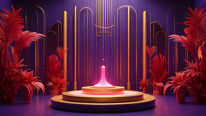 Crimson palms flank a glowing pink orb on a gold and purple art deco stage