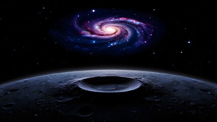 Obraz premium Ultra Realistic View of Glowing Galaxy from Rocky Moon Surface with Craters, Vivid Stars, and Celestial Horizon