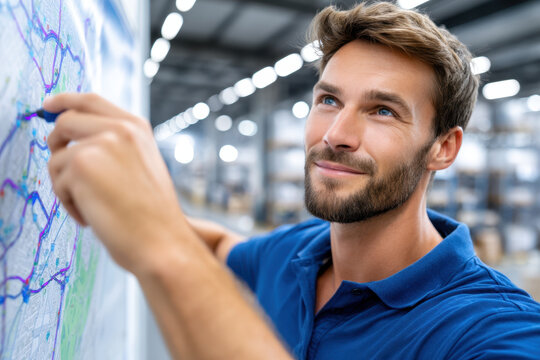 Man analyzing a map in a warehouse setting while planning logistics operations