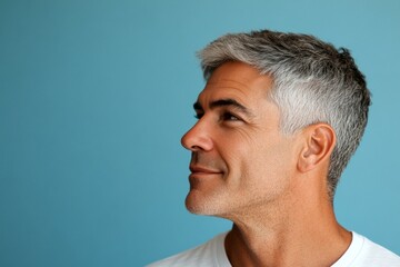 Fototapeta premium A studio shot capturing the essence of a modern man. Elegant men's low fade haircut - midlife white man with grey hair. Blue solid background. Conceptual art of style for aging men.