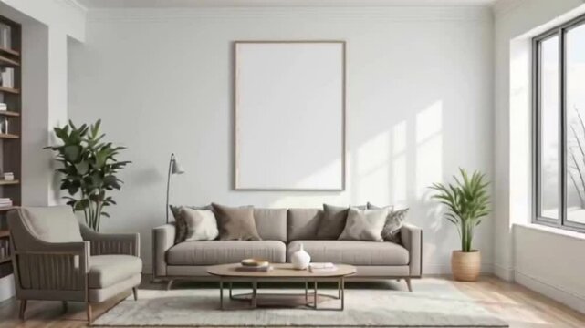 Modern living room interior design featuring a neutral color palette and a blank framed poster.