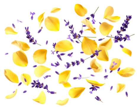  Hyper-realistic floating petals of lavender bunch, bright yellow, transparent background