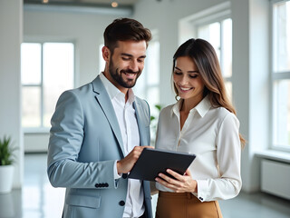 businesspeople, professional couple, serious conversation, corporate, tablet, smiling, indoor, office, formal attire, grey background