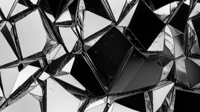 Abstract fragmented reflective surface composed of many small, irregular, mirrored triangles.