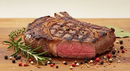 Grilled ribeye beef steak, herbs and spices. Top view with copy space for your text