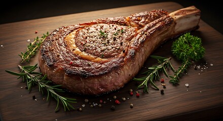 Grilled ribeye beef steak, herbs and spices. Top view with copy space for your text
