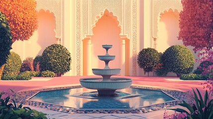 Serene courtyard three-tiered fountain amidst manicured gardens in symmetrical layout