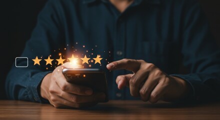 Businessman using tablet with popup five-star icon for feedback review satisfaction service, best quality