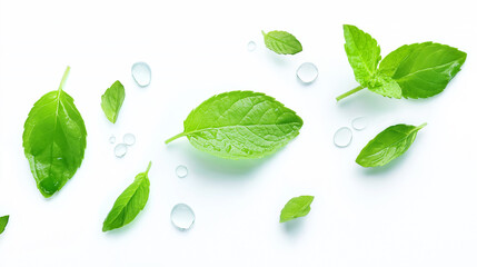 Fresh green mint leaves with water droplets on white background