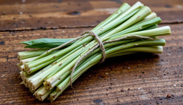 an arrangement of fresh green scallions tied together with string, presented against a backdrop that includes a wooden table and part of a wall.