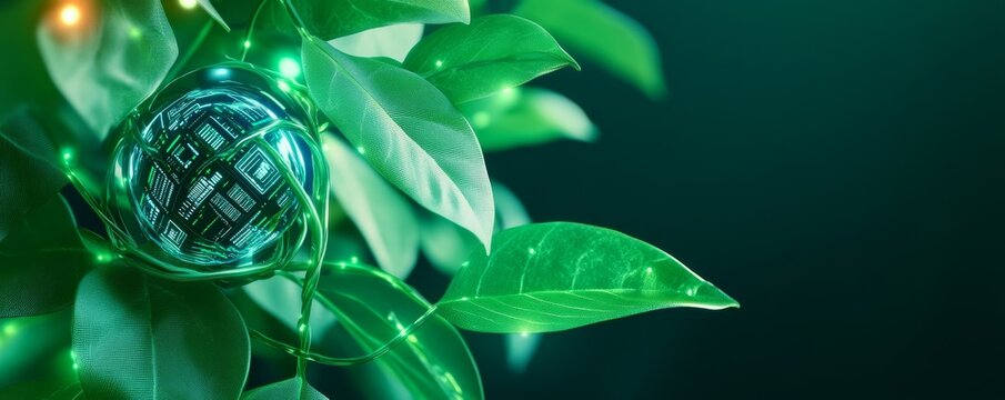 Glowing Tech Sphere Amidst Green Foliage, futuristic , technology