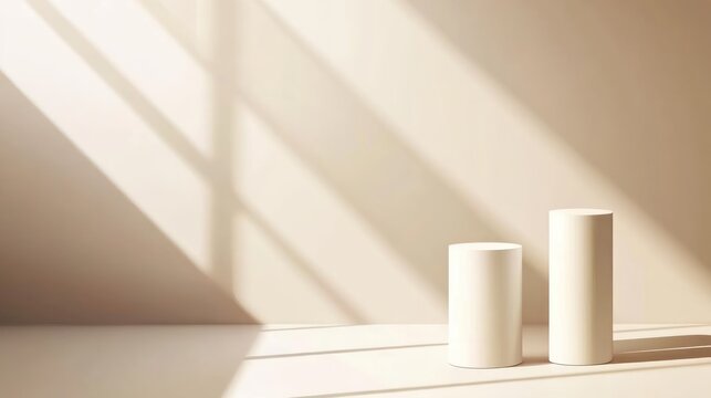 Two cylinder display stands in a sunlit room.