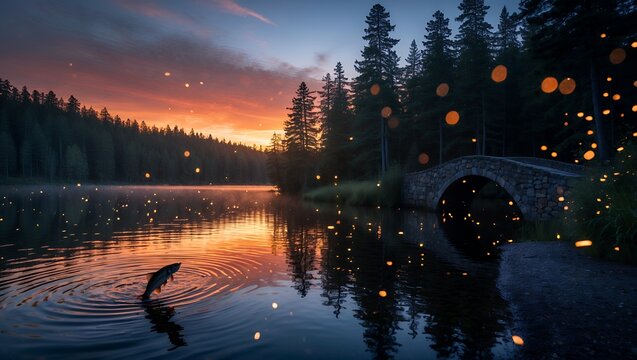 Fish Jumping in Lake at Sunset with Forest and Stone Bridge