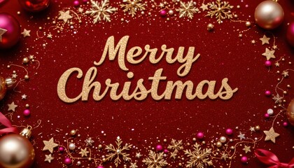 a festive greeting card with a red background. at the top of the card is a phrase "merry christmas" in gold lettering. below this text is a decorative border consisting of golden stars and baubles