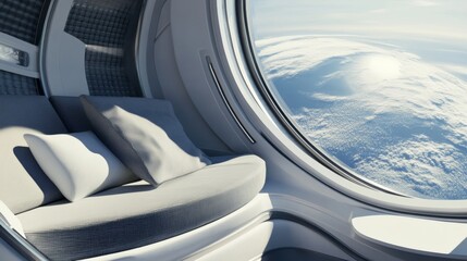 Spaceship interior. View on open space or planet. Futuristic sci-fi laboratory or corridor with neon light.