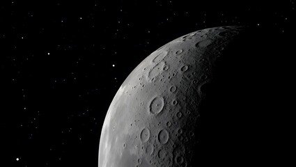 Close-Up View of Moon Surface with Detailed Craters, Rugged Terrain, and Starry Deep Space Background in Realistic 3D Style