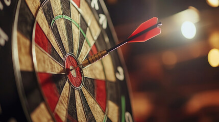 Man with dart aiming at dartboard while working indoors, closeup